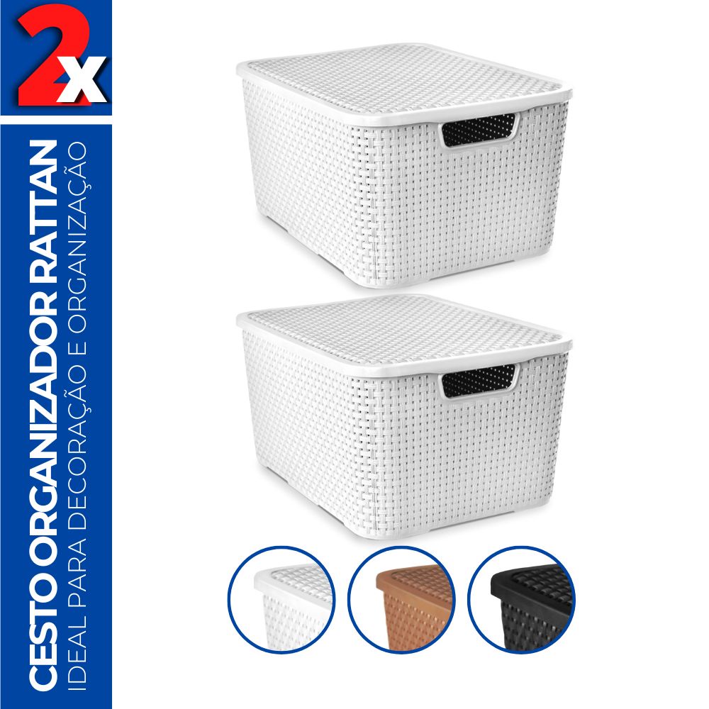 Kit 2 Caixas Cesto Rattan Organizadora c/ Tampa 15L 34x26