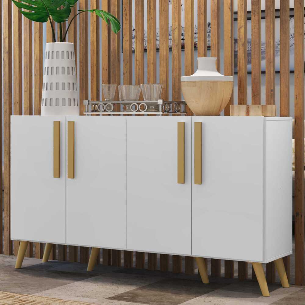 Aparador Buffet 4 Portas com Pés Retrô Viena Multimóveis Branco/Natural em Oferta na Shopee