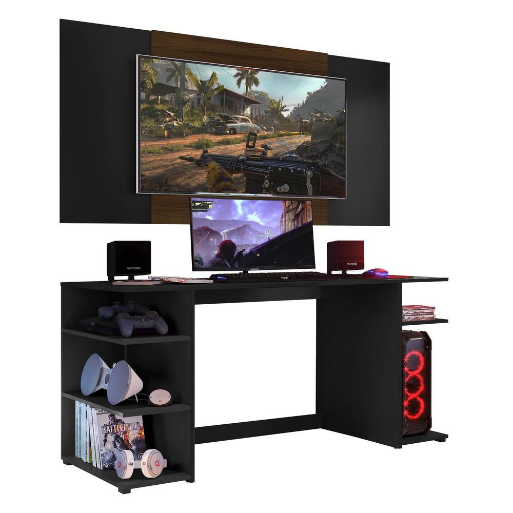 Mesa Gamer Escrivaninha com Painel TV 55" Guilda Multimóveis Preto/Madeirado