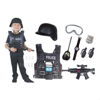 Kit Infantil Conjunto Policial Com Colete E Arma+acessórios