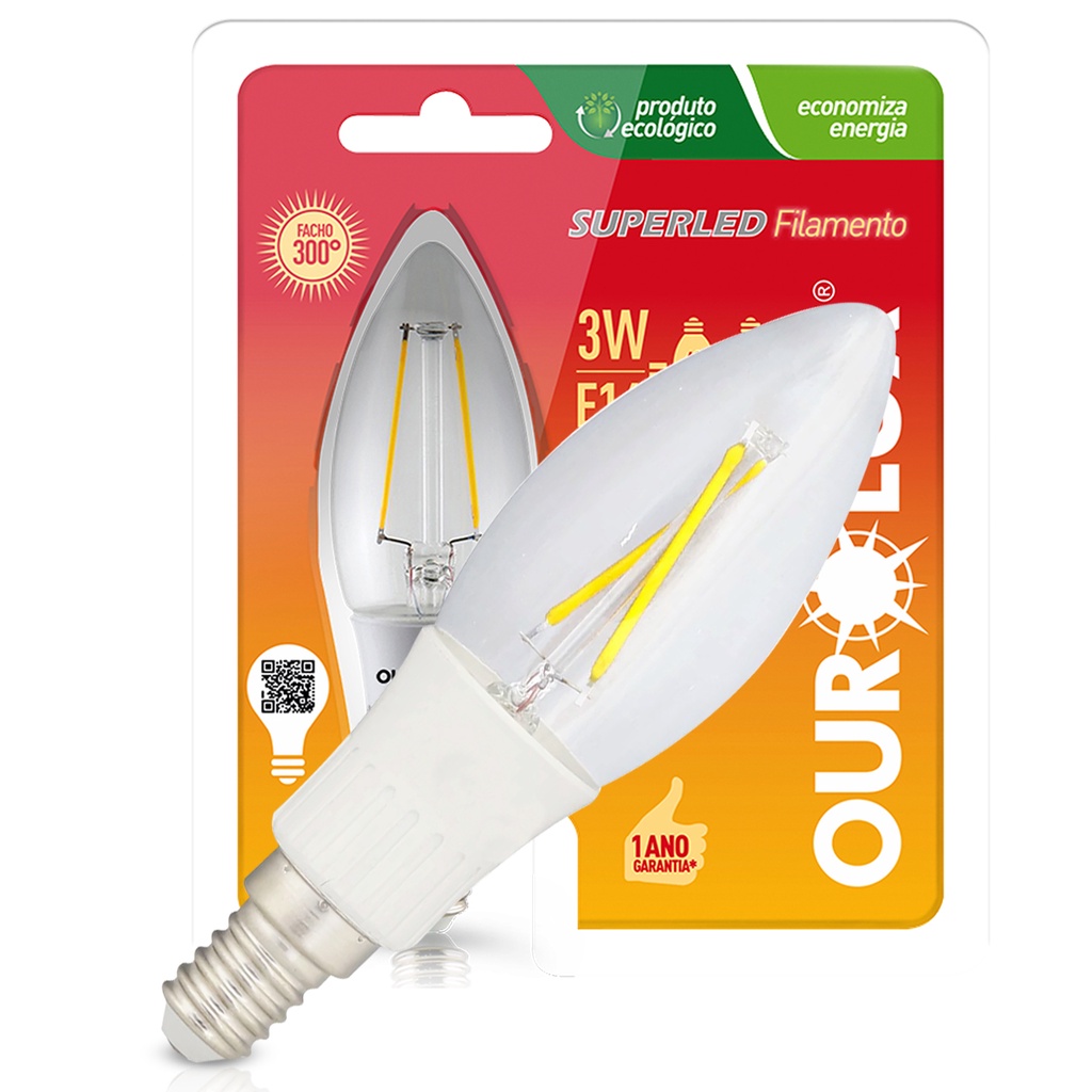 Lampada Led Filamento Vela 3W Bivolt E14 2700K Branco Quente Ourolux em Oferta na Shopee
