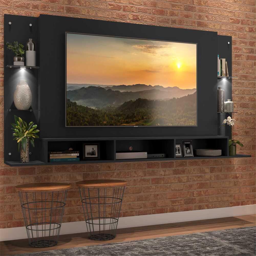 Painel TV 65" com 2 Leds e Prateleiras de Vidro Vegas Premium Multimóveis Preto - Home & Living