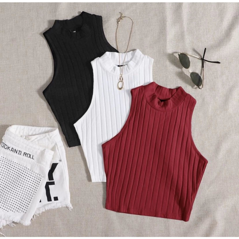 KIT 3 Cropped Gola Alta Canelado Sem Manga Verão Praia — imagem 1