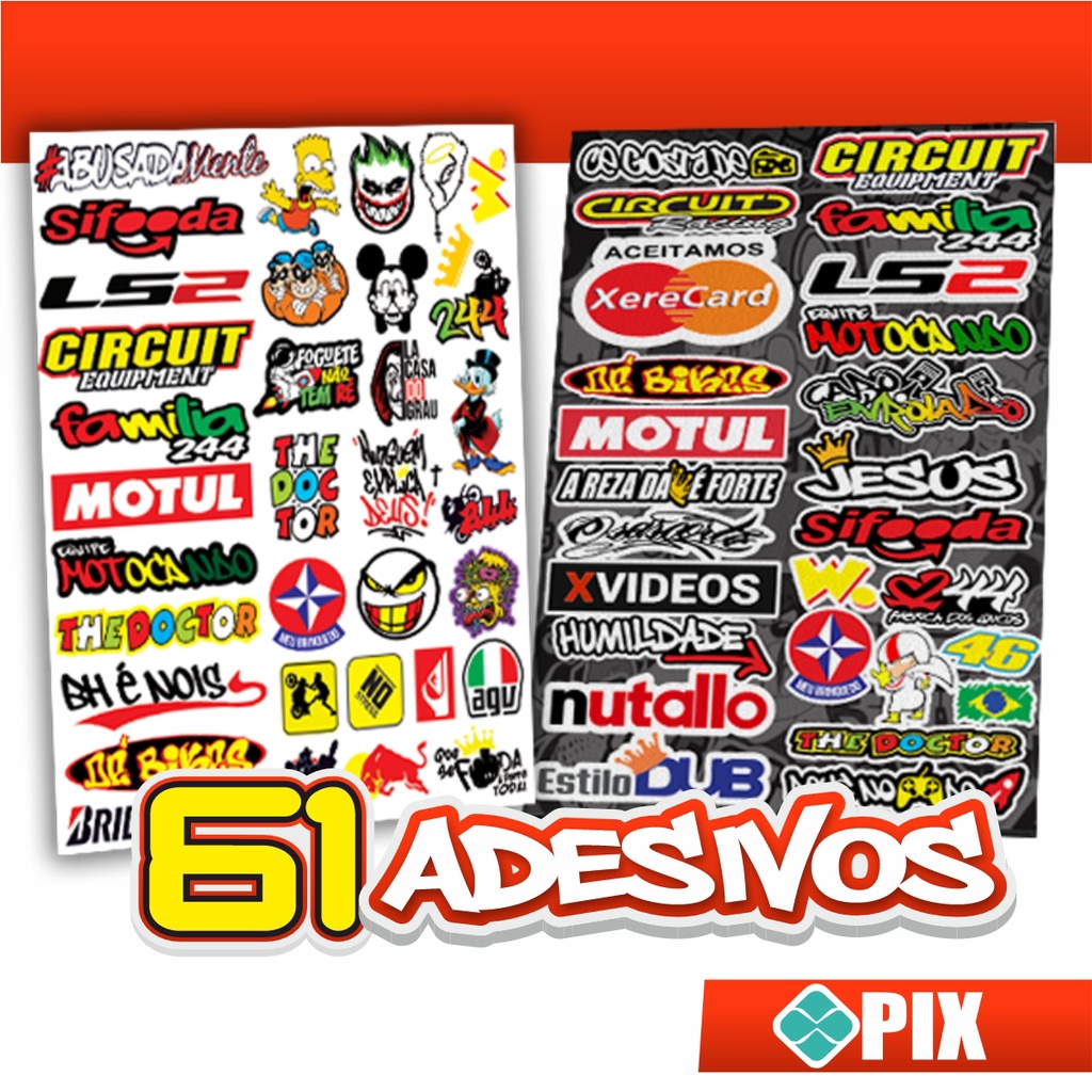 Kit 61 Adesivos - 2 Cartelas de Adesivo Moto Bike Carro Capacete 244 ...