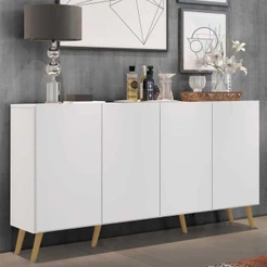 Aparador Buffet Balcão 4 Portas com Pés Retrô Multiuso Veneza Multimóveis Branco/Natural