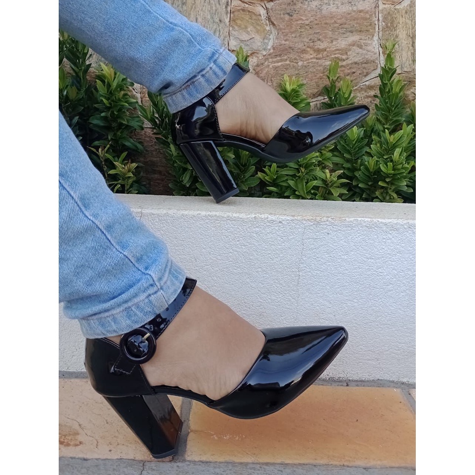 Calçados Feminino Bella Moça Scarpin Verniz Preto Bloco