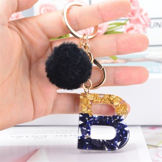 Novos Chaveiros Pretos Pompom Hairball 26 Alfabeto Inglês De Resina Com Folha Dourada Letra Requintada Chaveiro Feminino Bolsa De Mão Ornamentos