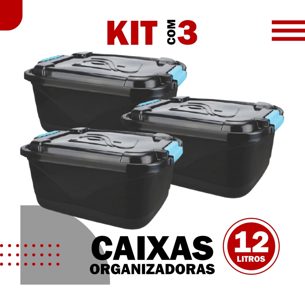 Kit Caixa Organizadora L Preto C Tampa E Trava Cesto P Brinquedos