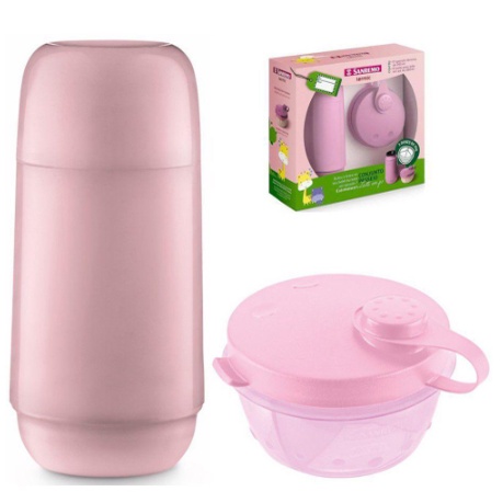 Conjunto Garrafa Térmica Infantil + Pote Dosador Para Leite em Pó Kit Passeio Rosa Bebe REF 34