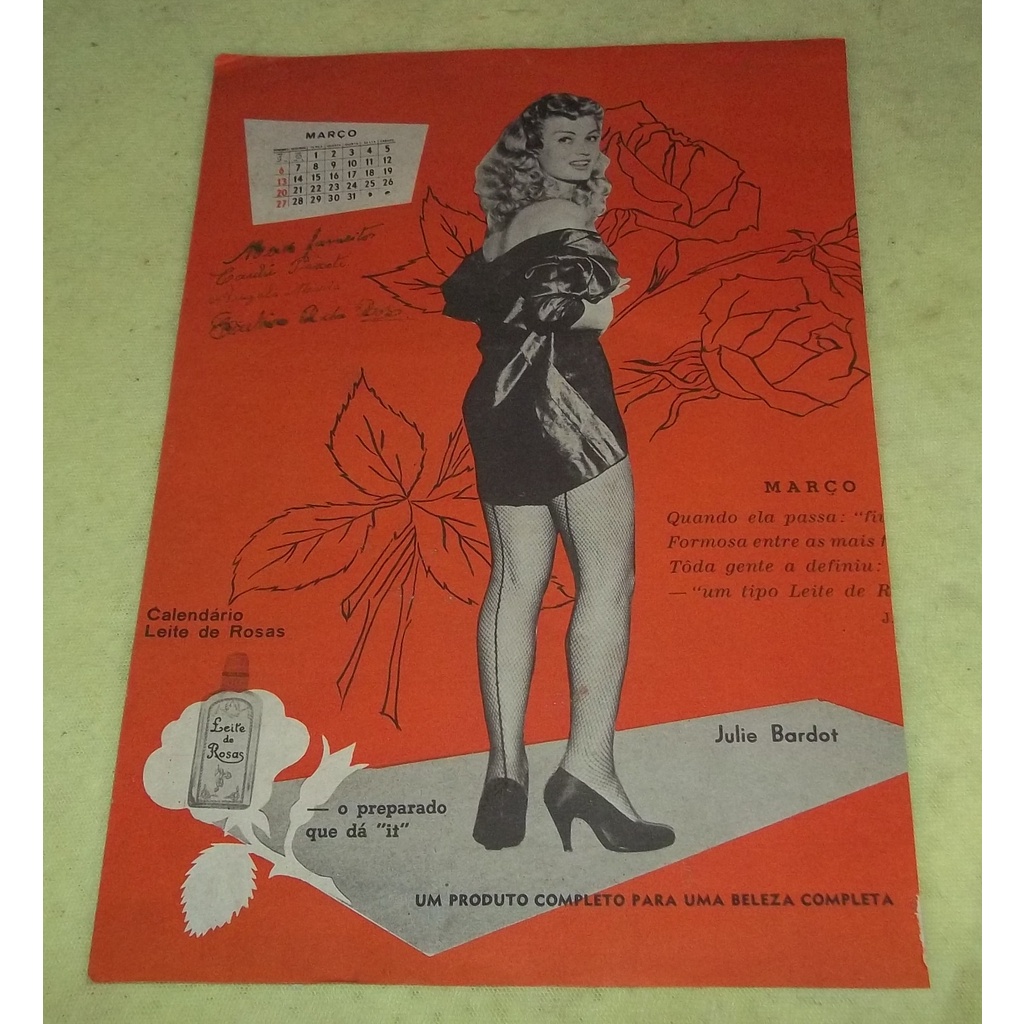 Calendário Leite de Rosas - Revista Radiolândia,  Julie Bardot, Ano 1955