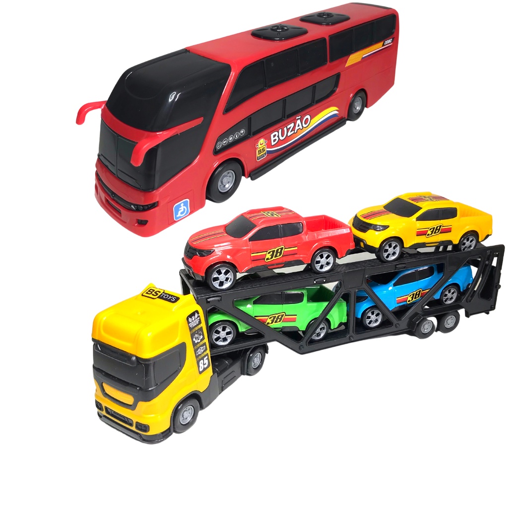 Kit 1 Caminhão Cegonheira C/ 2 Carrinhos Caminhão Reboque Cegonha C/  Carrinho + 1 Onibus Buzão Brinquedo Infantil - Escorrega o Preço