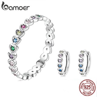 Bamoer 925 Sterling Silver Jewelry Set Brincos E Anéis Padrão De Coração Arco-Íris Para Mulheres Presentes Meninas
