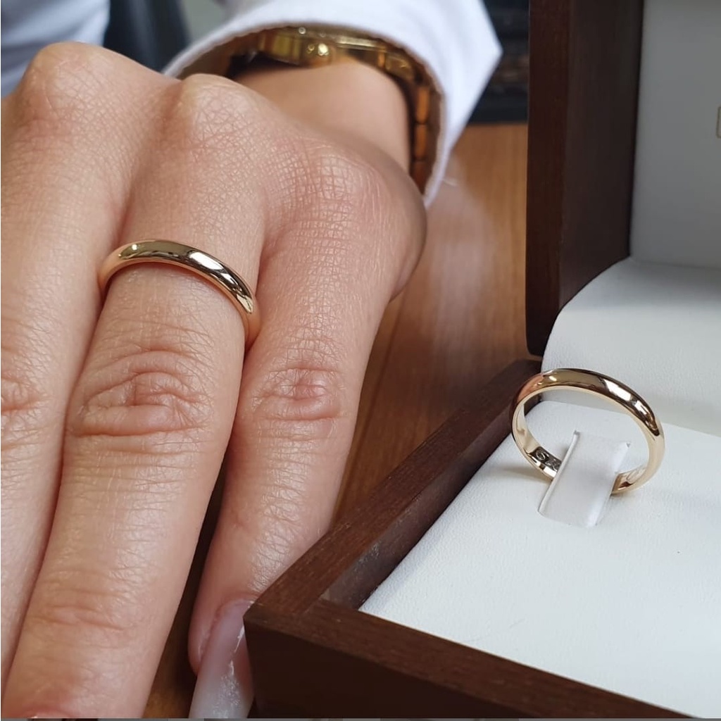 Par de aliança casamento 3mm banhado moeda antiga tradicional lisa + Anel solitário