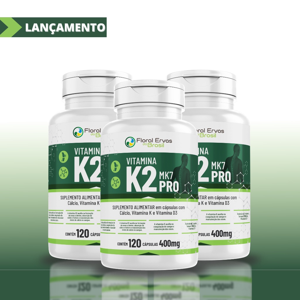 Vitamina K2 Mk7 PRO 120 Cápsulas 400mg + Cálcio + D3 Menaquinona-7 - ACOMPANHA LAUDO TÉCNICO
