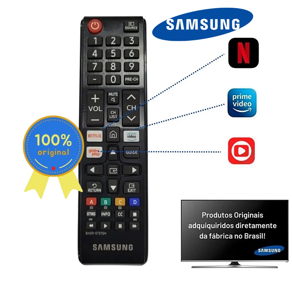 Controle Remoto Samsung Original Smart Tv 4K NetFlix Globo Play Prime Vídeo Modelos BE32T-B BE43T-M UN32T4300AG UN40T5300AG UN43T5300AG BN59-01315H