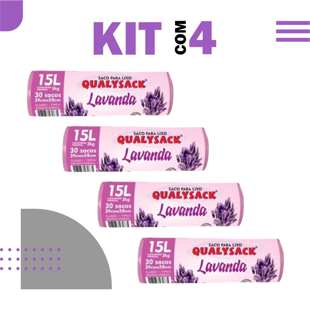 Kit 4 Saco de Lixo Perfumado 120un Lavanda 15L Sacos Pia Banheiro Cozinha Anti Odores e Insetos 4 RL
