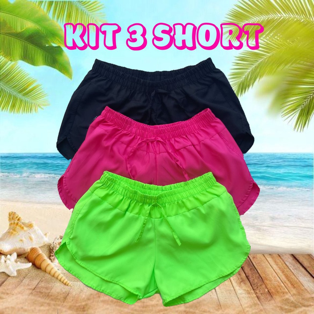 Kit 3 shorts Tactel Feminino Saída de praia pareô Canga Short de Academia Moda Verão