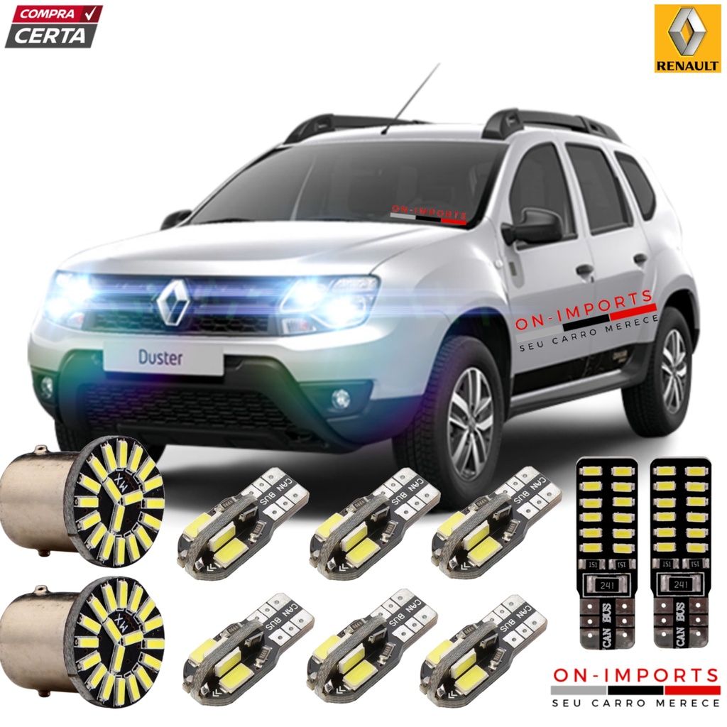 CONJUNTO LED PREMIUM CANBUS RENAULT DUSTER OROCH LÂMPADAS RÉ PLACA TETO FAROL ESTACIONAMENTO T10 TORPEDO PINGO POLO