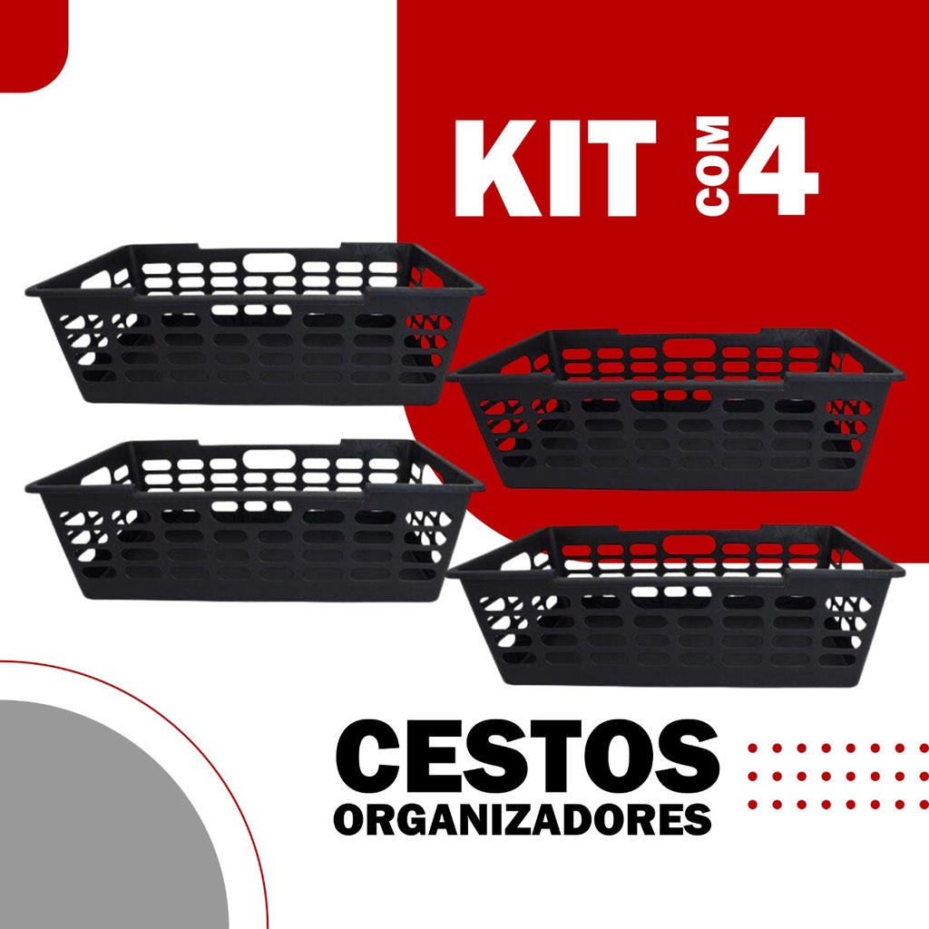 Kit 4 Cestos Organizador Grande Atenas Preto 510x290x155