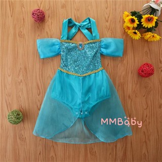 Mbaby-Baby Girls Rompers , Lantejoulas Halter Neck Off-Shoulder Jumpsuit Vestido Com Estampas Para Crianças De Pequeno Porte , 0-24 Meses , Azul