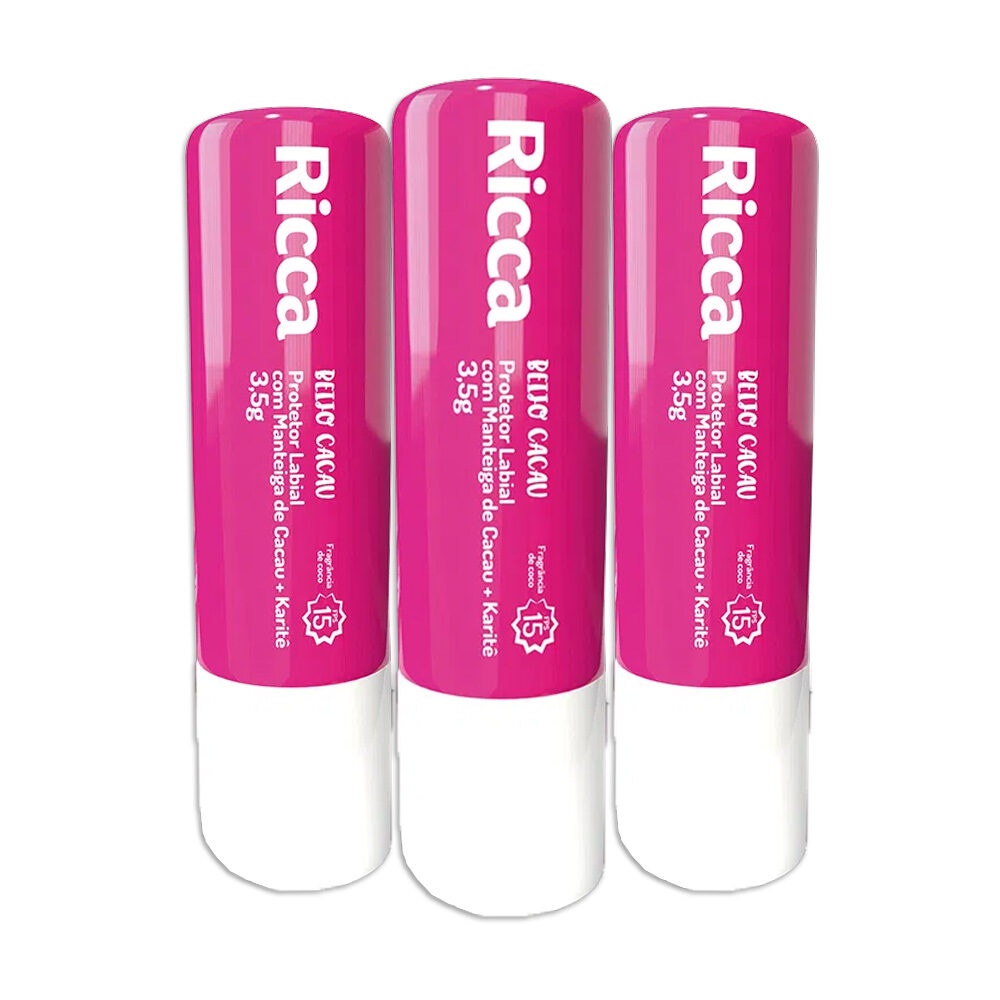 Kit 3 Protetores Labiais Manteiga Cacau Karité FPS15 Ricca
