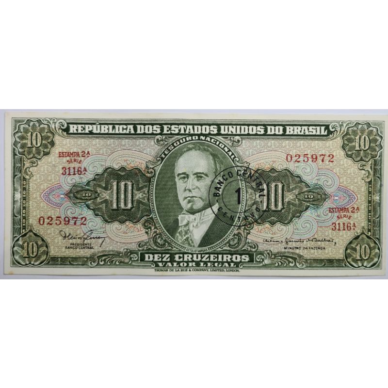 Cédula 10 Cruzeiros com carimbo de 1 Centavo 1966 - 2ª Estampa Getúlio Vargas S/FE