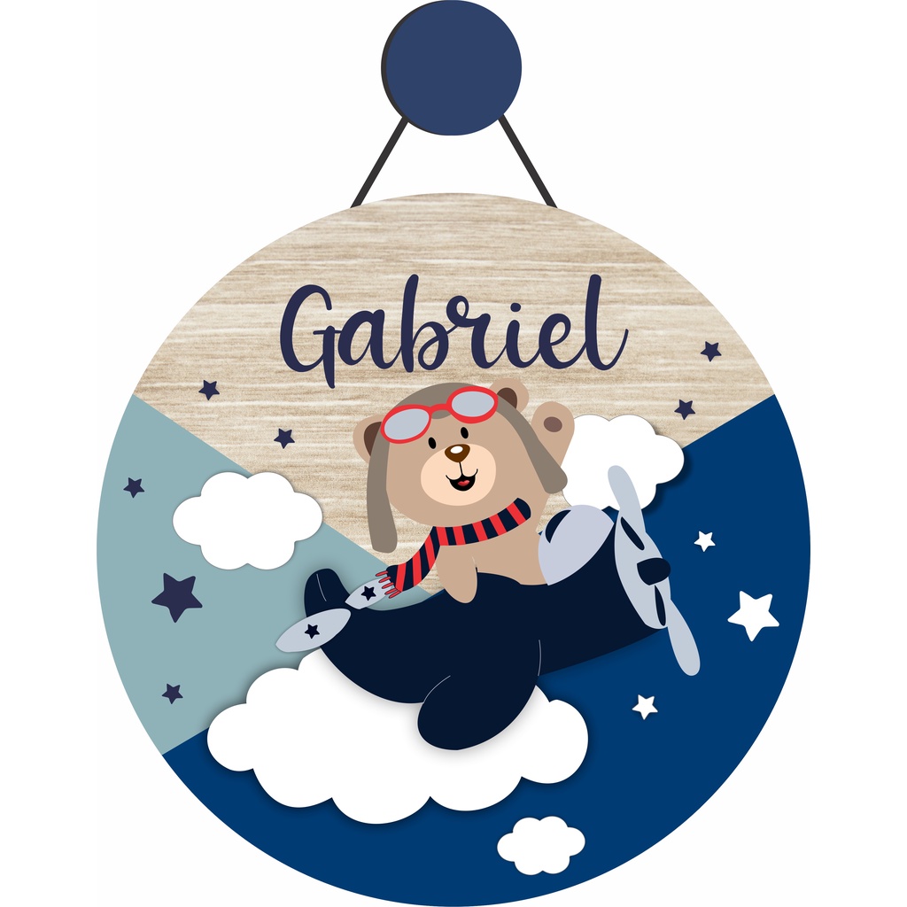Enfeite Porta Maternidade Urso Aviador, avião, ursinho - Nome personalizado - GUIRLANDA