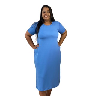 Vestido Feminino  Manga Curta Midi Canelado com Fenda Plus Size Tamanho G1 G2 G3