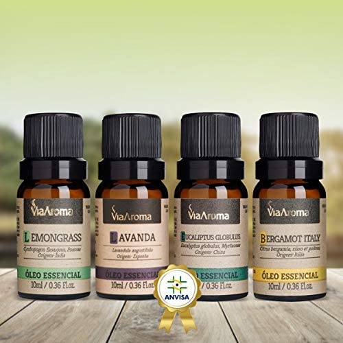 Kit 4 Óleos Essenciais - Via Aroma para Aromatizador e Difusor Aromaterapia 10ml - Lavanda, Lemongrass, Eucalipto G e Bergamot Italy