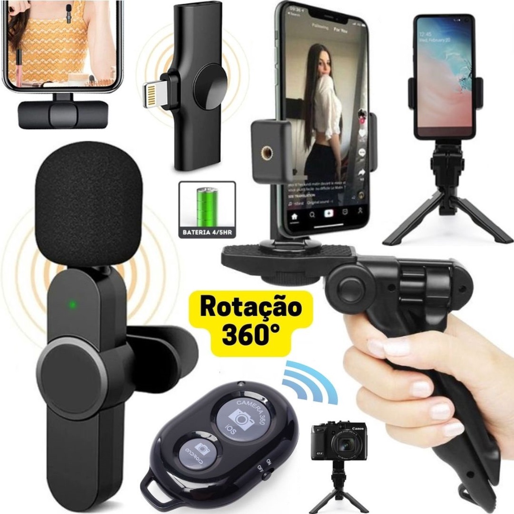 Suporte Tripé Steadicam Microfone Lapela Sem Fio iPhone Profissional Gravação Vídeo