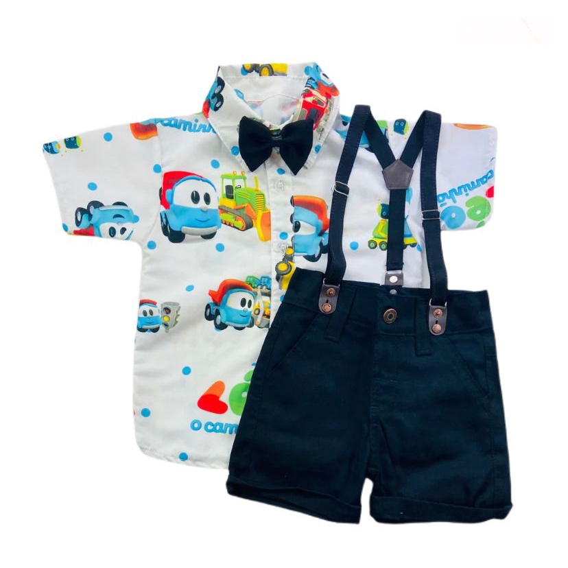 KIT Temático CARROS 4 Peças Bermuda, suspensório, Gravata e Camisa Aniversário