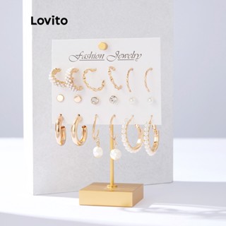 Lovito 9 Pçs Brinco de Metal Elegante com Glitter e Pérolas Pom Pom de Metal L34AD068 (Dourado)
