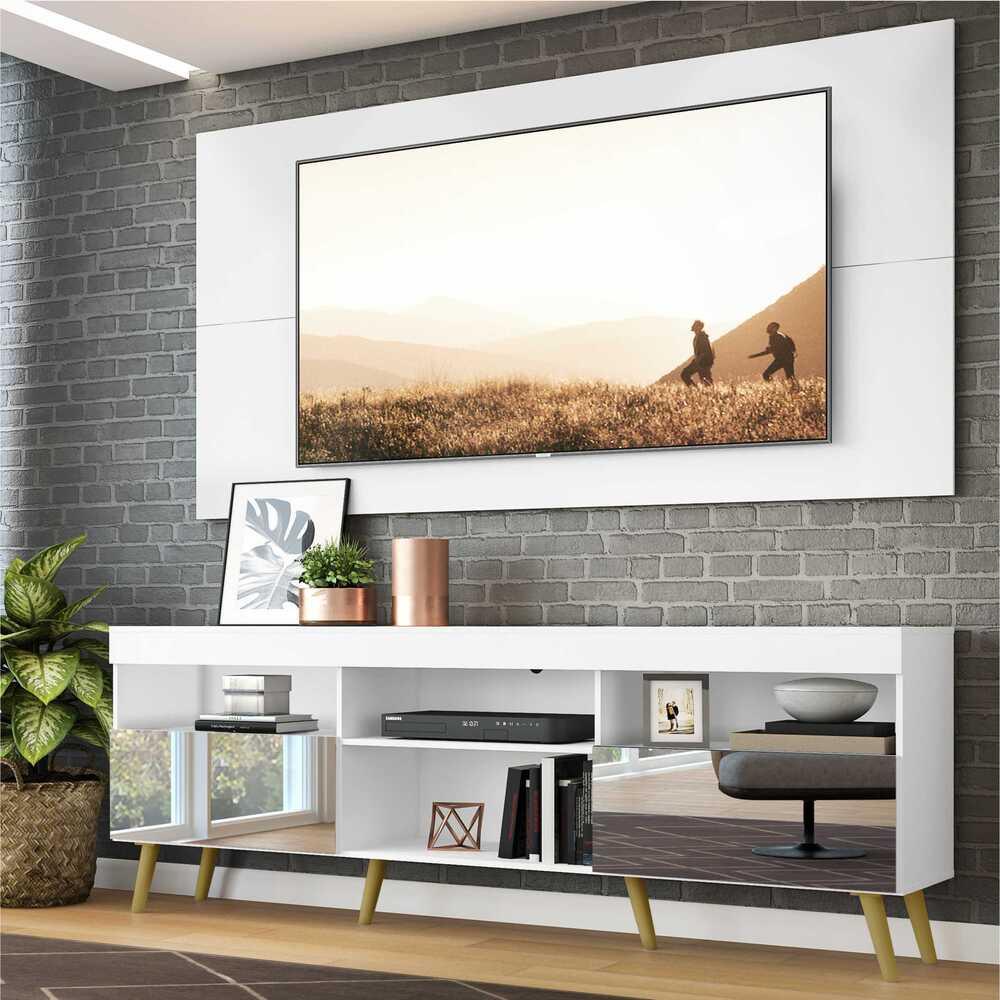 Rack c/ Painel P/TV 65", espelho e pés retrô Flórida Multimóveis Branco/Natural em Oferta na Shopee