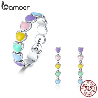 Bamoer 925 Conjunto De Joias De Prata Esterlina Anel E Brincos Padrão De Coração Colorido Para Meninas Presentes