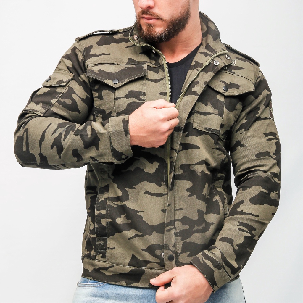 Jaqueta Jeans Masculina Militar Camuflada Rasgada Destroyed