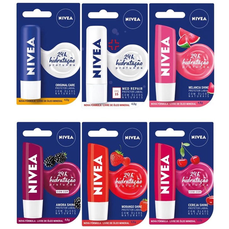 NIVEA Protetor Hidratante Labial: Amora, Morango, Melancia e sabores.