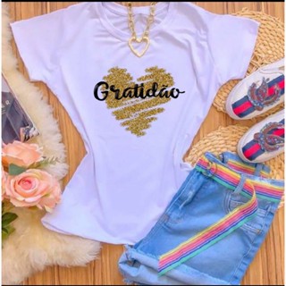 Camisetas Blusas Femininas T-shirts GRATIDÃO CORAÇÃO DOURADO COLEÇÃO ANO NOVO