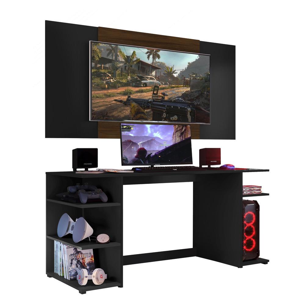 Mesa Gamer Escrivaninha com Painel TV 65" Guilda Multimóveis Preto/Madeirado