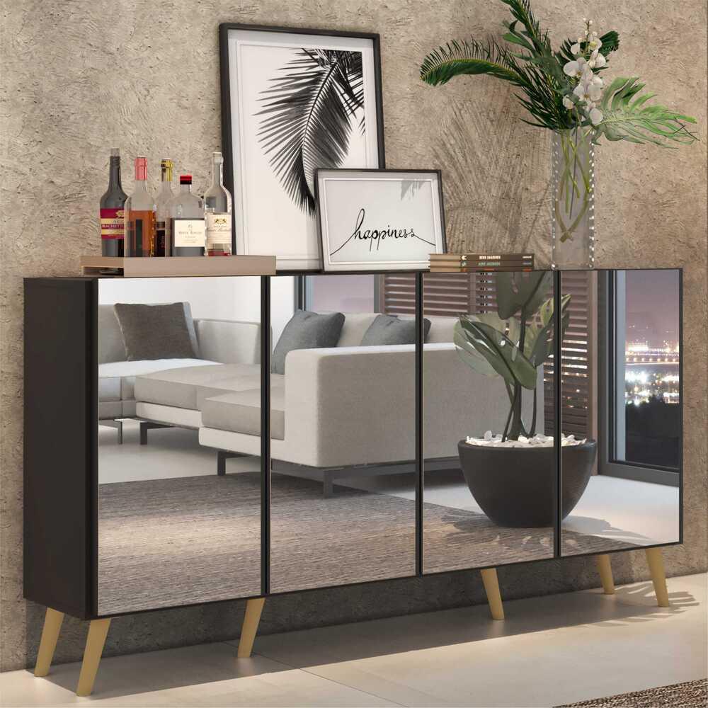 Aparador Buffet 4 portas c/ Espelho e Pés Retrô Vegas Multimóveis Preto/Natural em Oferta na Shopee