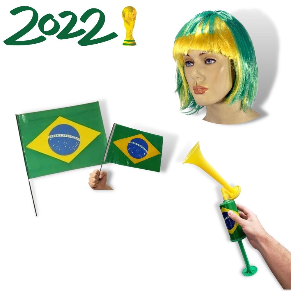 Kit Torcedor Bandeiras Com Perucas E Buzinas Copa Do Mundo Rua Shopee Brasil