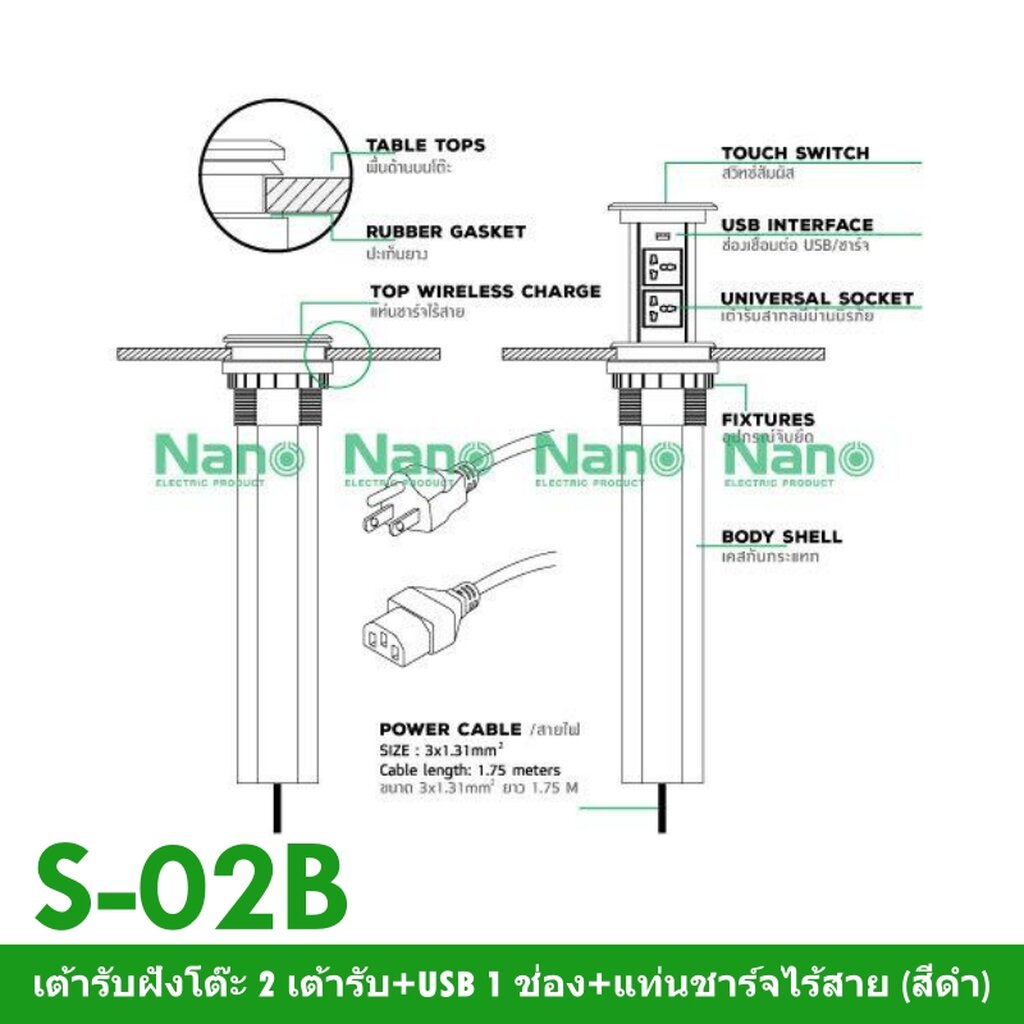 รูปสินค้า ปลั๊กไฟฝังโต๊ะ 2 เต้ารับ USB 1 ช่อง รองรับชาร์จไร้สาย นาโน (สีดำ)