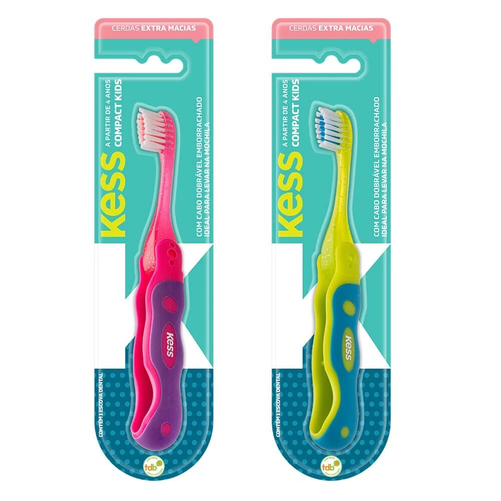 Escova Dental Infantil Kess Compact Kids Rosa e Verde em Oferta na Shopee