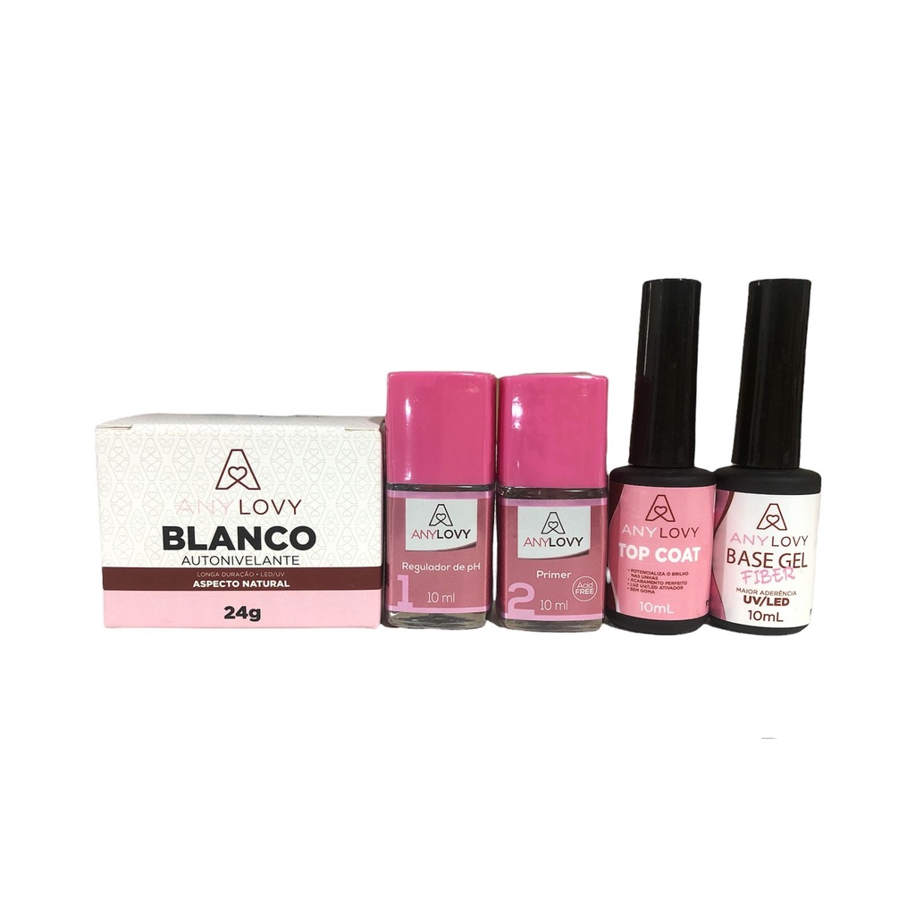 Kit Any Lovy 1 Gel a Sua Escolha + Regulador Ph + Primer + Top Coat + Base Gel Fiber