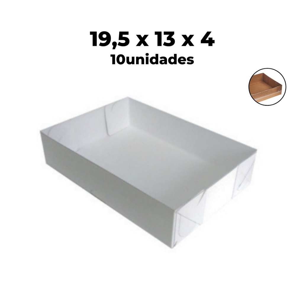 Caixa com Visor - Tampa PVC Transparente Retangular N.04 Branca 19.5x13x4 com 10 unidades - (Kraft  - Doces - Acetato) em Oferta na Shopee