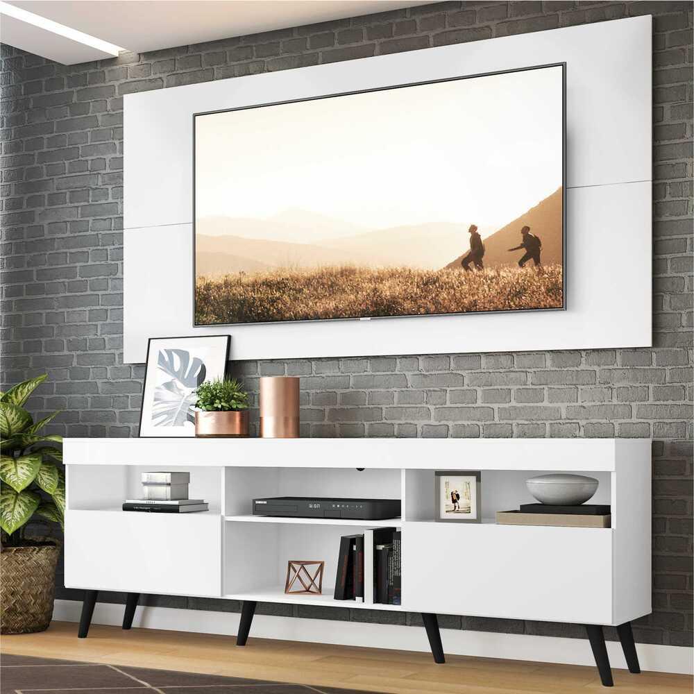 Rack c/ Painel e Suporte TV 65" e Pés Retrô Flórida Multimóveis Branco/Preto - Home & Living