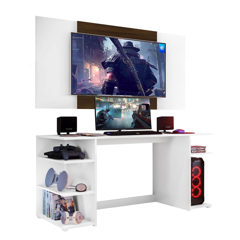 Mesa Gamer com Painel e Suporte TV 55" Guilda Multimóveis Branco/Madeirado