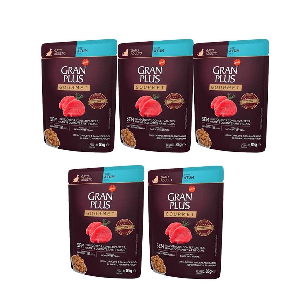 Kit 5 Rações Úmida Gran Plus Sachê Gatos Gourmet Adultos Atum - 85g em Oferta na Shopee