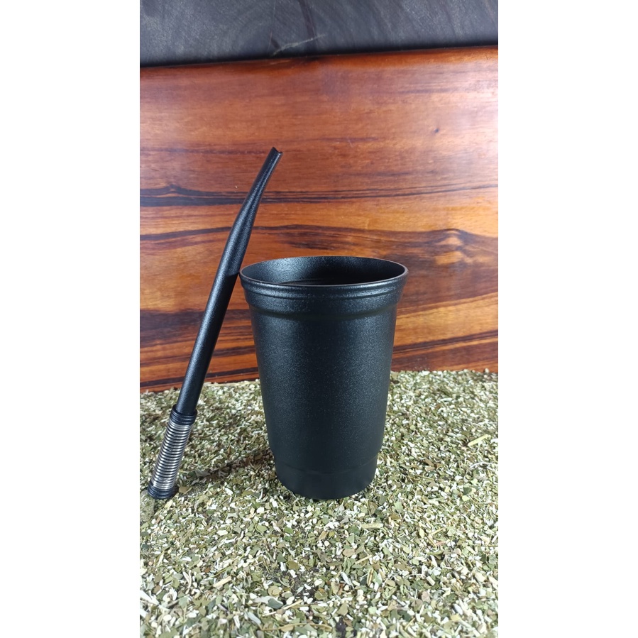 Kit para Terere: Copo Alumínio Preto 350ml + Bomba Inox Desmontável de Mola Externa + Escovinha