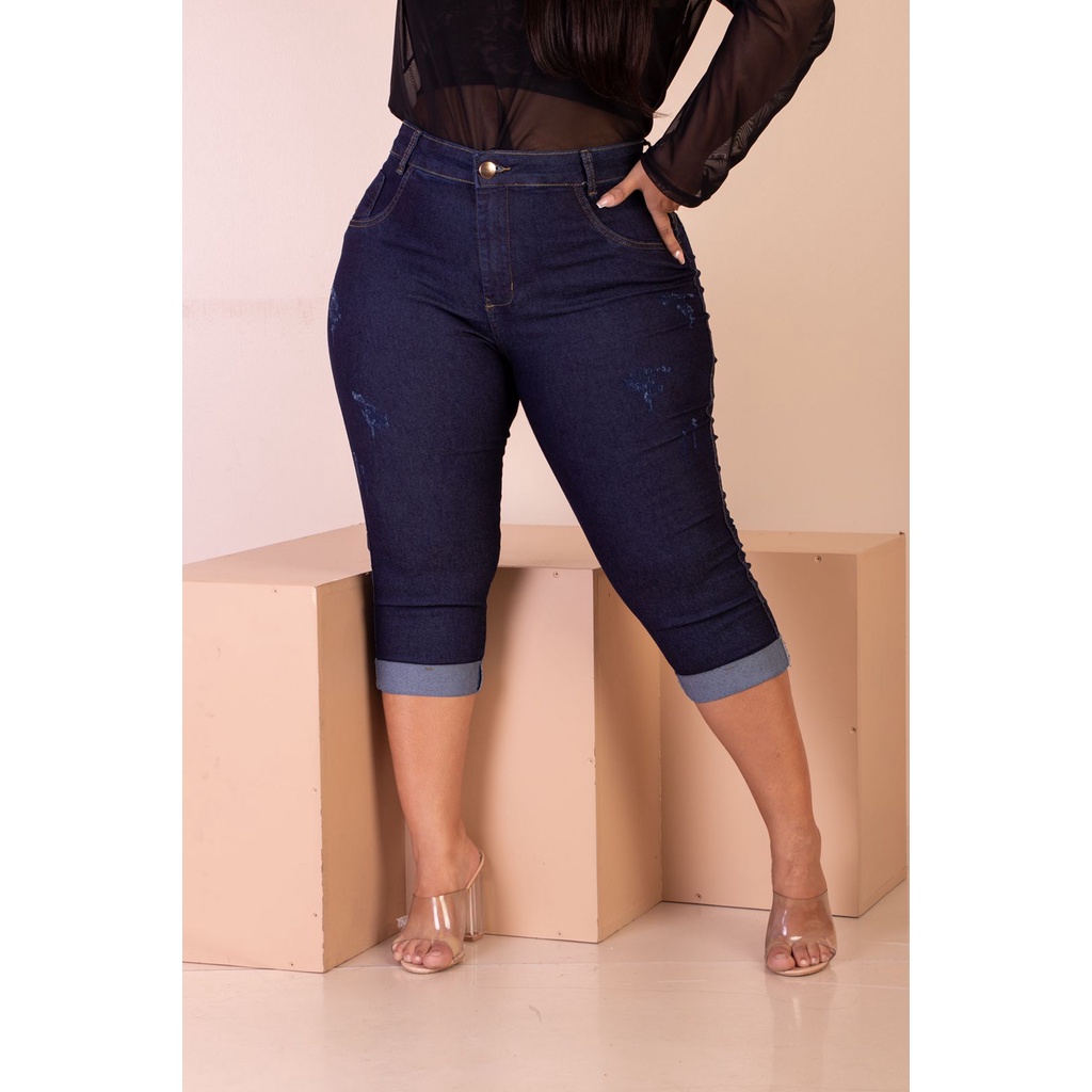 Calça capri bermuda plus size feminina com elastano estica modeladora confortável cós alto tamanho grande top de linha em Oferta na Shopee
