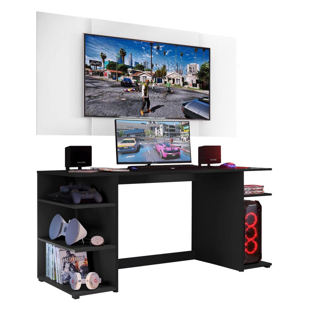 Mesa Gamer Escrivaninha com Painel TV 55" Guilda Multimóveis Preto/Branco